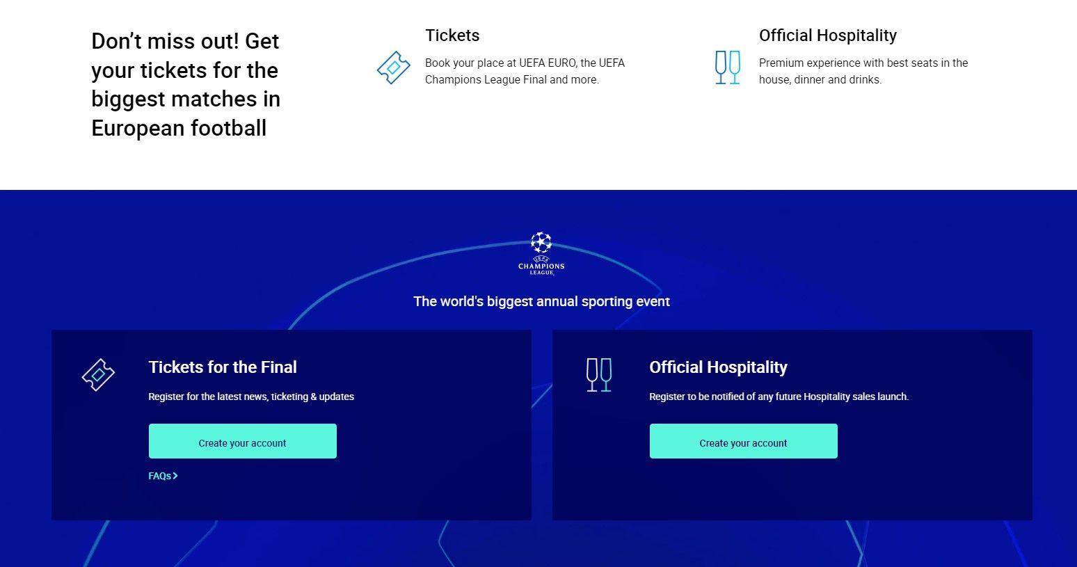 UEFA Champions League tickets webpage advertising tickets to the final and hospitality packages.