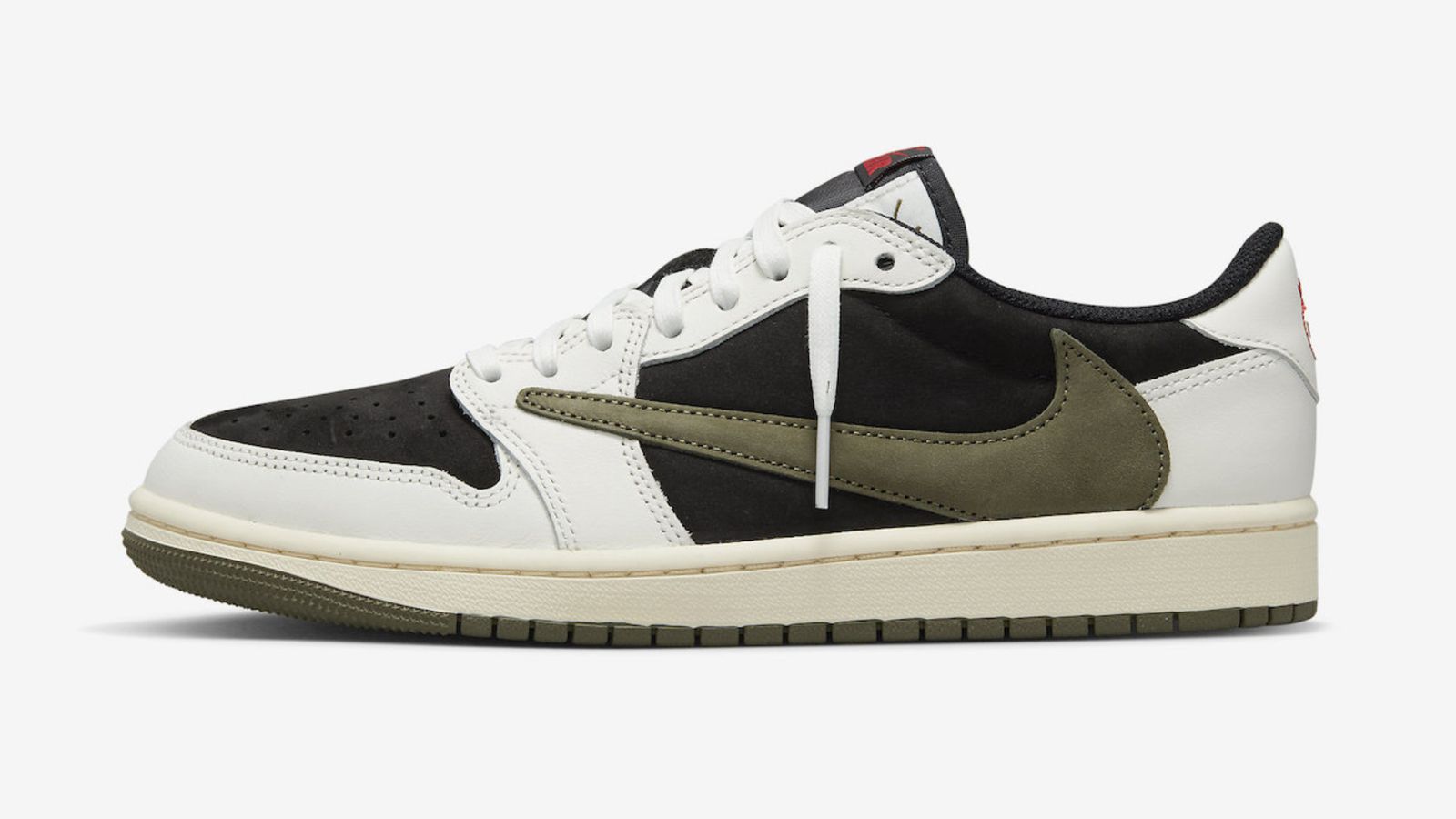 Travis Scott x Air Jordan 1 Low "Olive" product image of an off-white and black low-top featuring an Olive Swoosh.