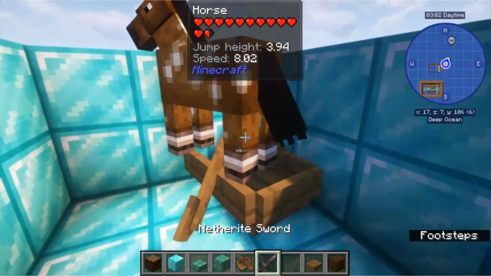 A screenshot of trying to get a horse on a boat in Minecraft. 