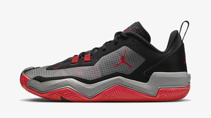 Best Jordan for basketball - Jordan One Take 4 product image of a black, grey, and university red sneaker.