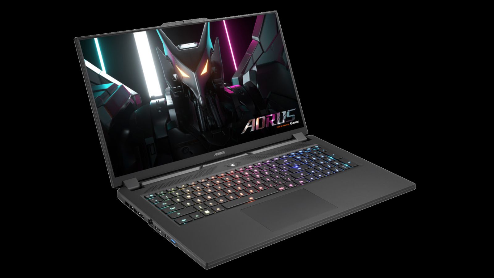 Gigabyte AORUS 17H product image of a black laptop with multicoloured backliut