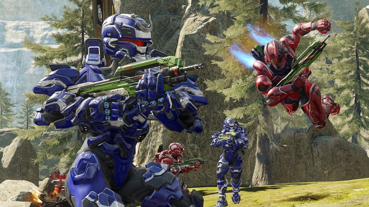 Players wearing various iterations of Halo armor in multiplayer.