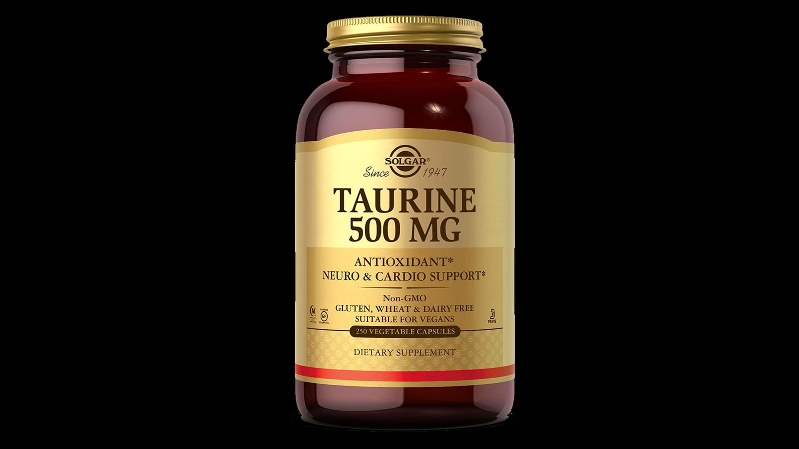 Solgar Taurine Vegetable Capsules product image of a brown container with gold and red branding.