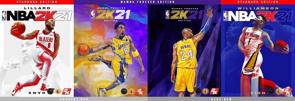NBA 2K21 covers for next-gen, current-gen, and Mamba Forever Edition