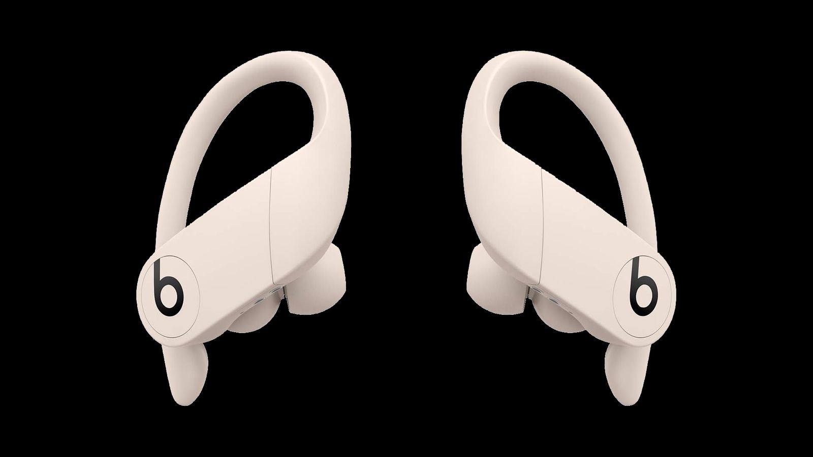 Beats PowerBeats Pro product image of a pair of ivory-coloured wireless headphones with over-ear hooks.