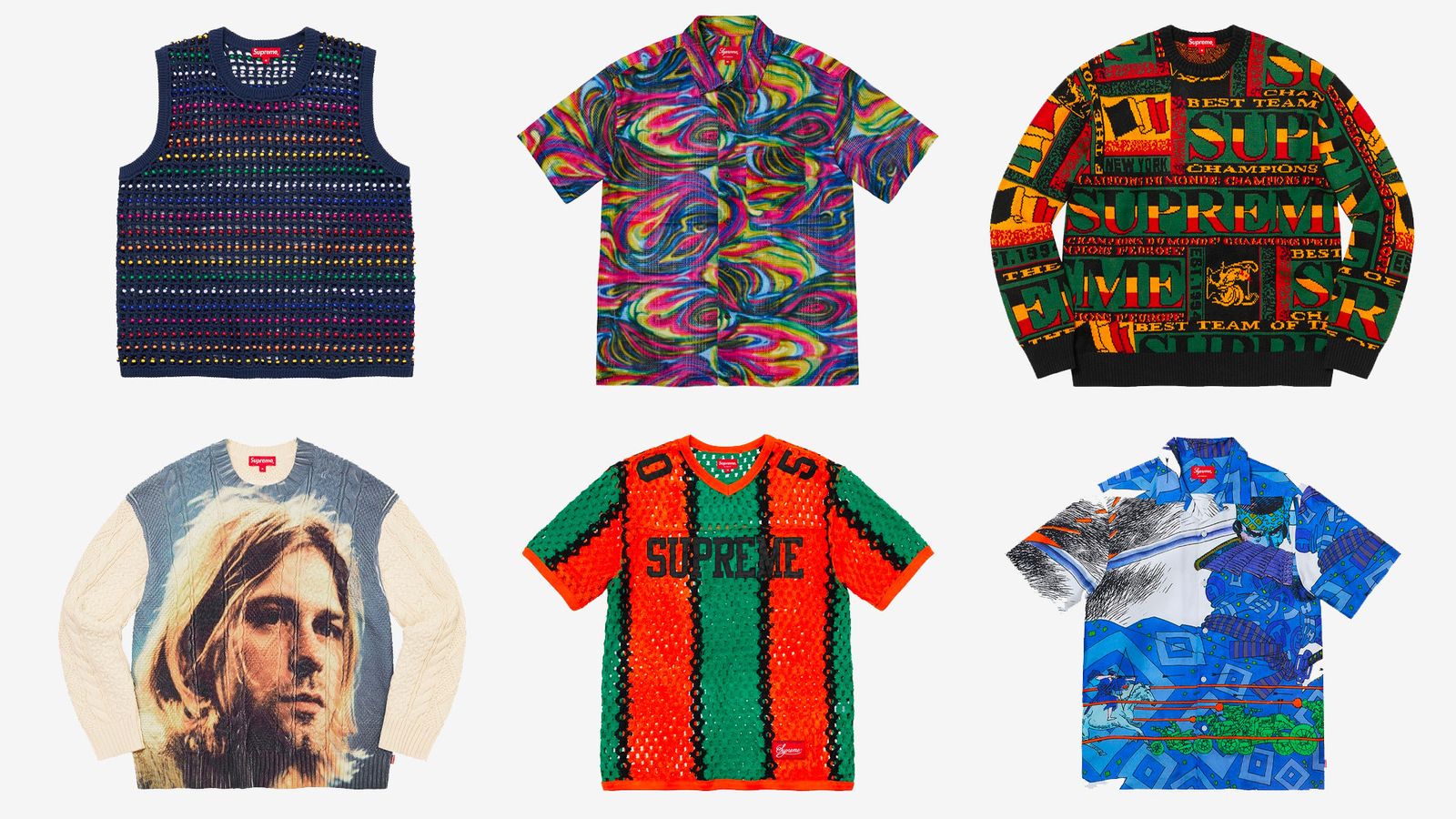 Supreme Spring/Summer 2023 collection - A selection of tops including a Kurt Cobain long-sleeve, short-sleeved shirts, and a beaded vest.