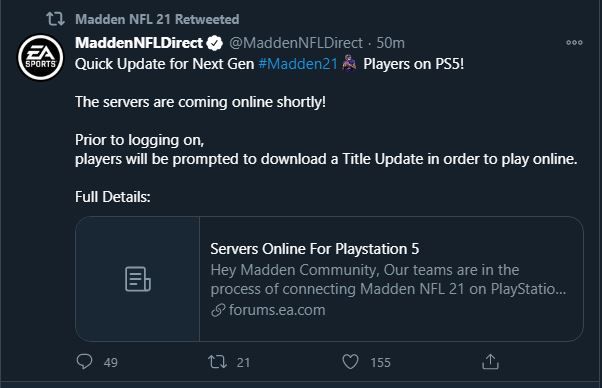 Madden 21 next gen ps5 servers title update download 