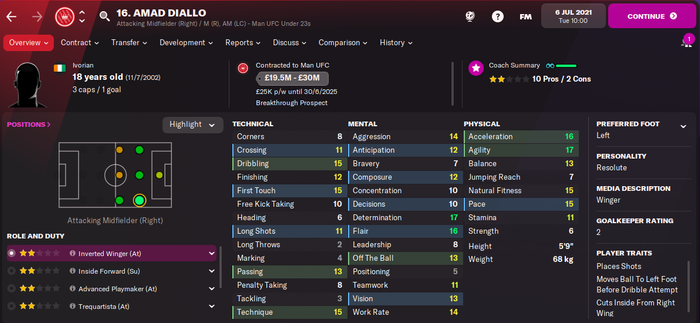 Amad Diallo Player Profile Football Manager 2022
