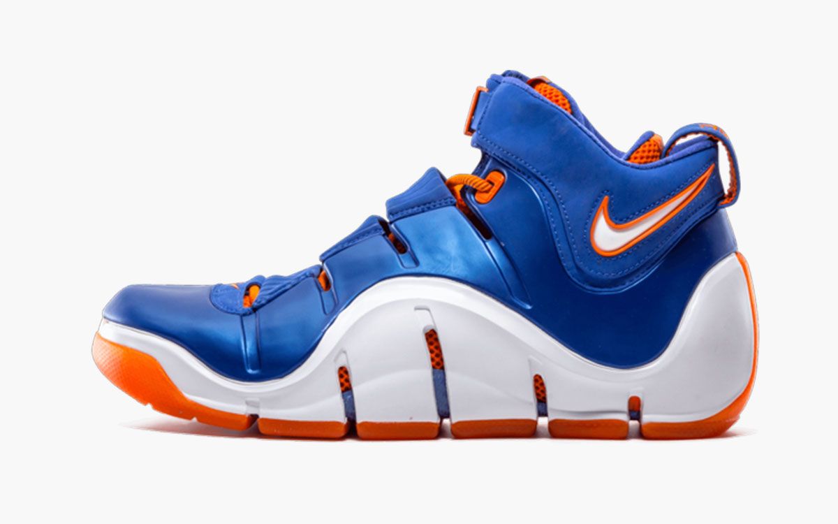 Nike LeBron 4 "Birthday" product image of a blue and orange sneaker with white midsole.