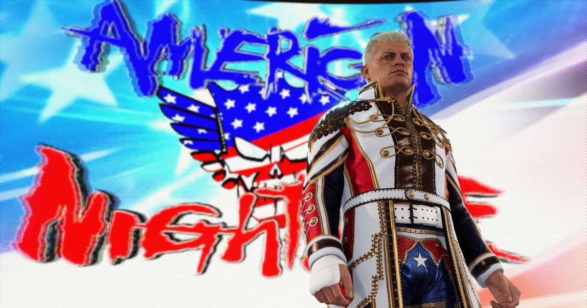 Cody Rhodes in white, gold, blue, and red ring attire in front of his blue and red "American Nightmare" logo.