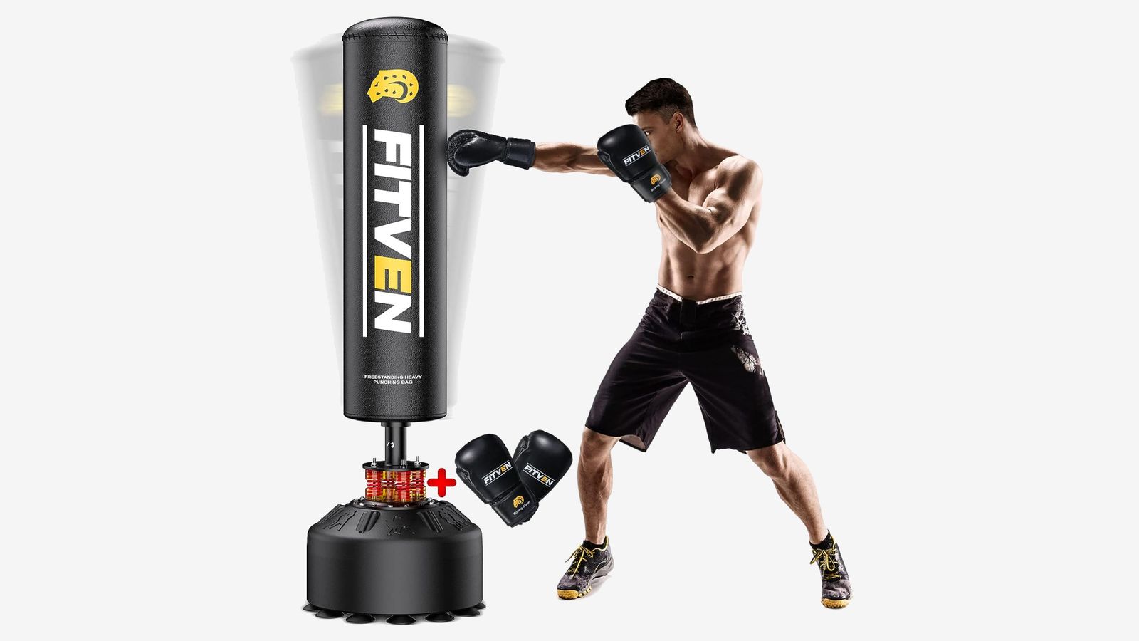 FITVEN Freestanding Punching Bag product image of someone wearing black shorts striking a black weighted heavy bag featuring white and gold branding.