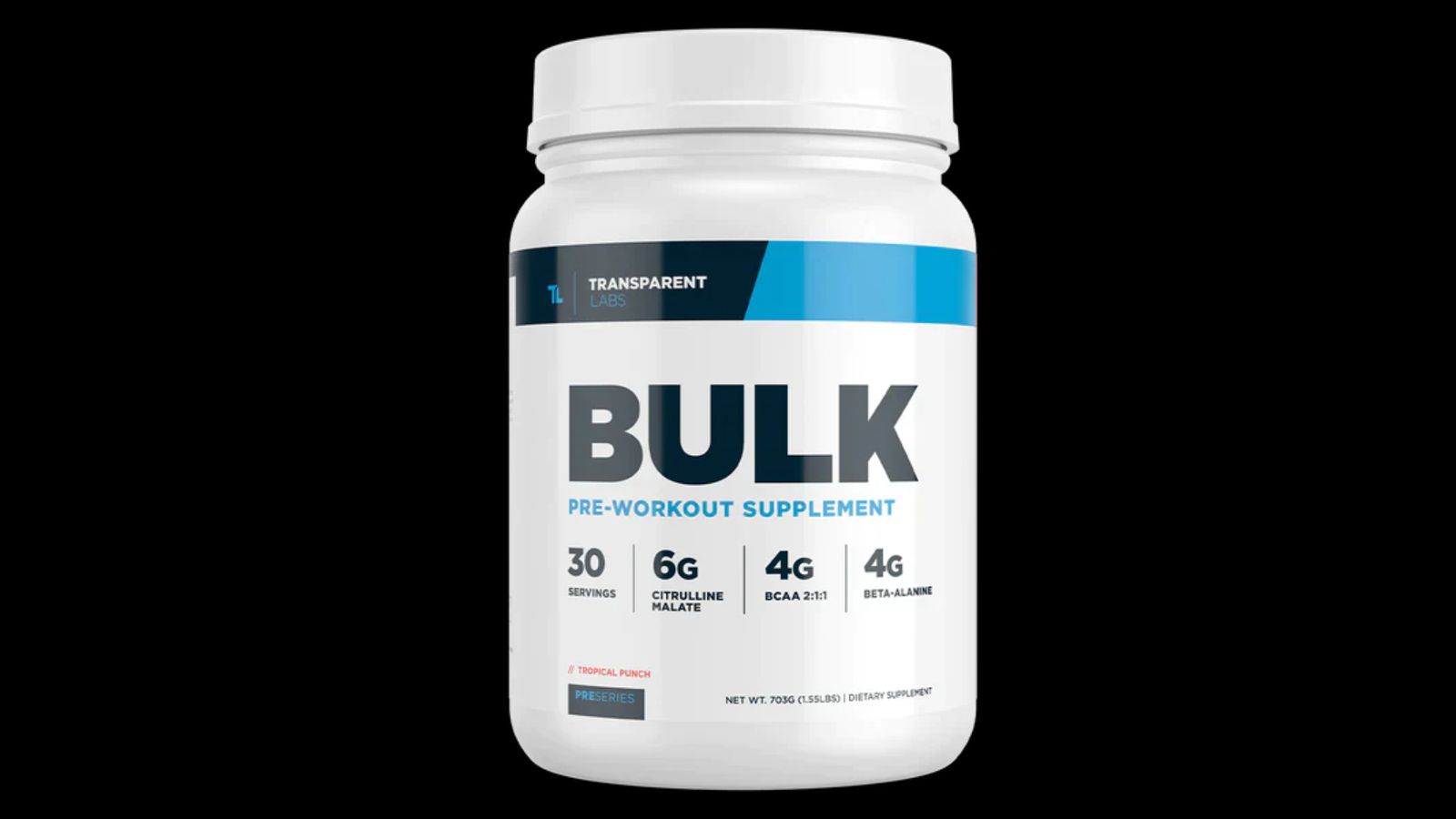 Transparent Labs Bulk Pre-Workout product image of a white container with dark and light blue labeling