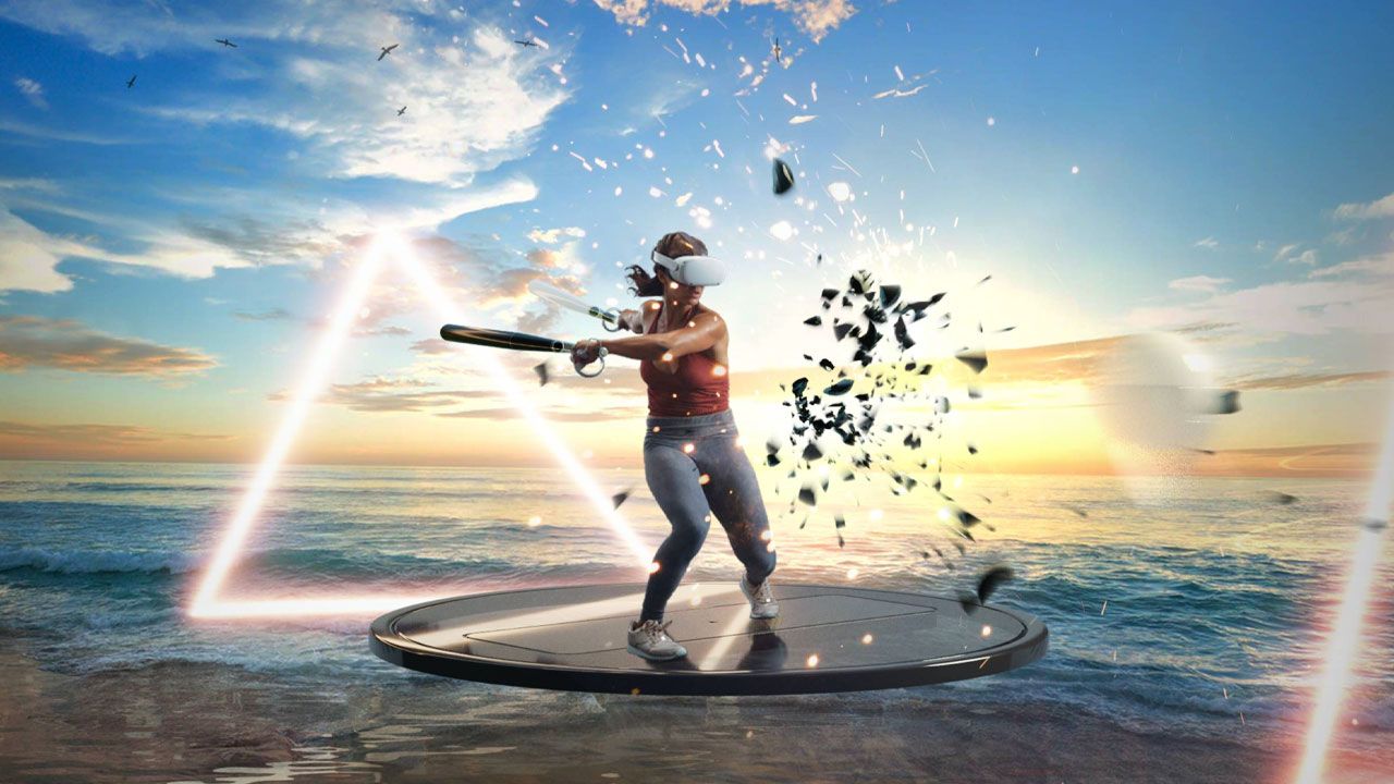 Someone in a red top and grey leggings wearing a white VR headset while fighting virtual objects on a circular floating platform.