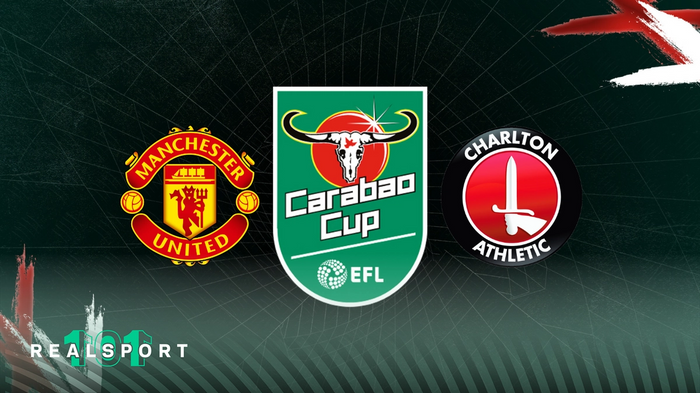 Manchester United and Charlton badges with Carabao Cup badge