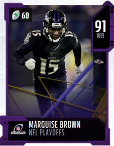 Marquise Brown's 91 OVR NFL Playoffs card in MUT