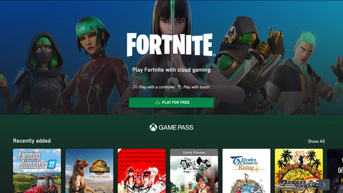 A screenshot of the Xbox website where you can play Fortnite via Cloud Gaming.