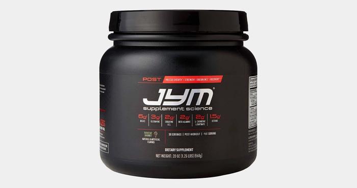 Best BCAAs JYM Supplement Science product image of a black container with orange details