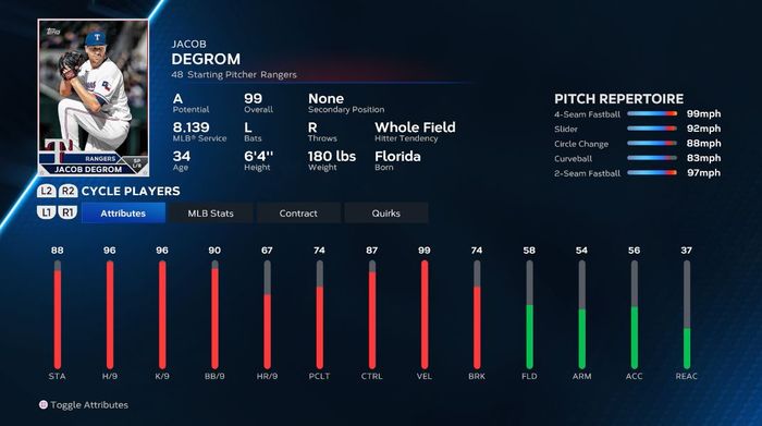 Jacob deGrom's player card in MLB The Show 23