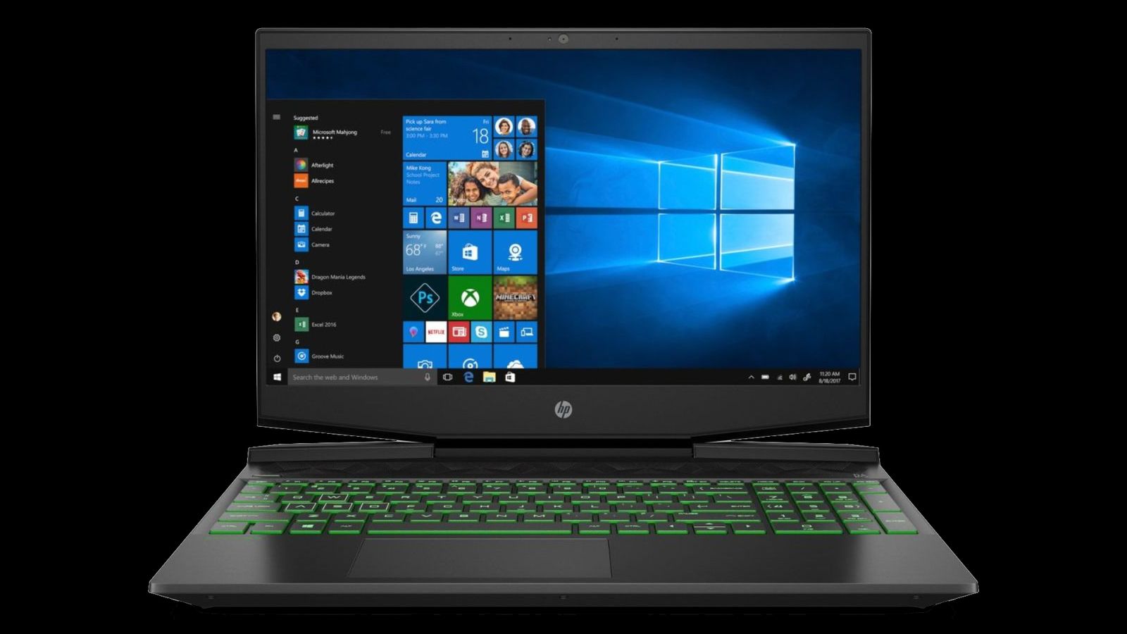 HP Pavilion Gaming 15 product image of a black laptop with green backlit keys.