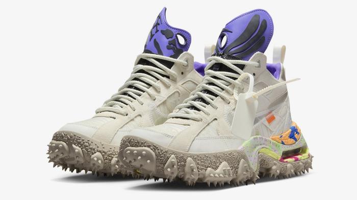 Best Nike collabs - Off-White x Nike Terra Forma "Summit White and Psychic Purple" product image of an off-white high-top with a spiked sole and purple accents.