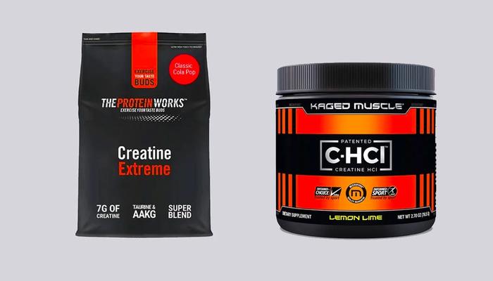 Protein Works and Kaged Muscle product image of a black pouch containing creatine monohydrate, and a black and orange tub containing HCL.