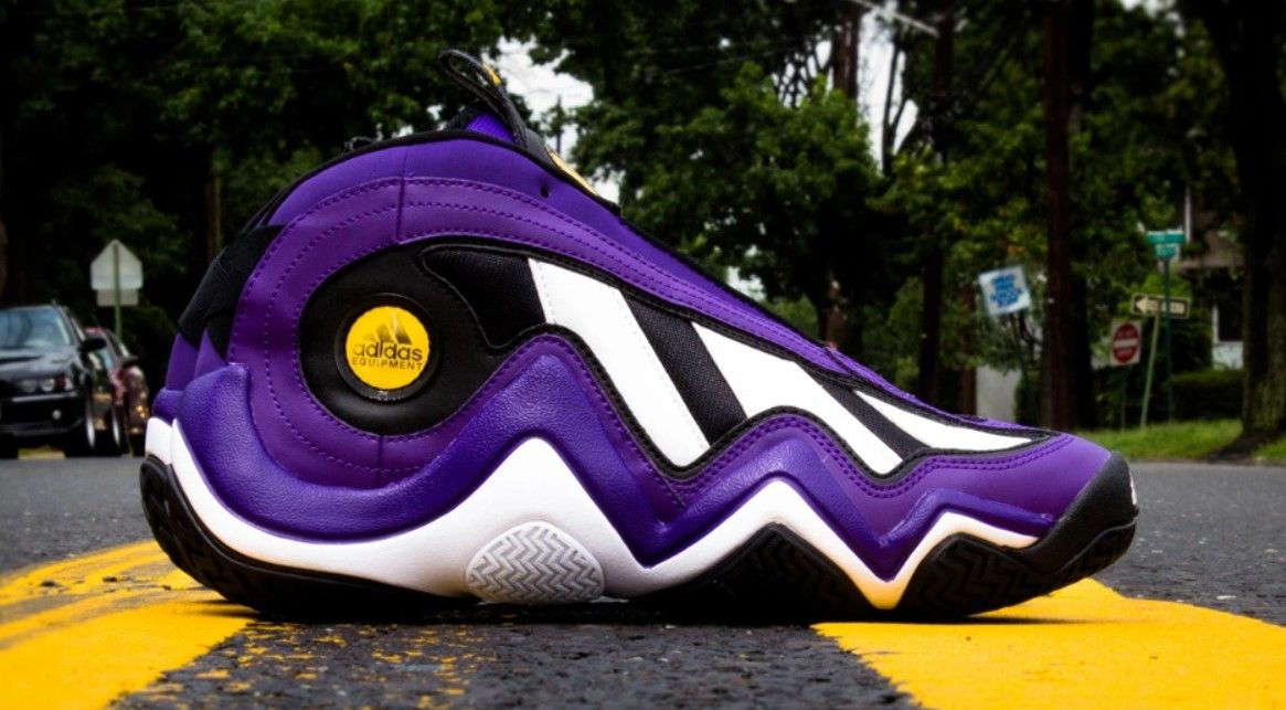 adidas Crazy 97 EQT product image of a purple, black, and white sneaker with yellow accents.