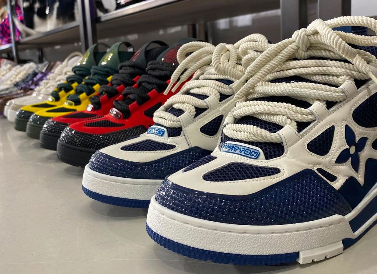 Louis Vuitton LVSK8 colourways featuring a blue, red, and yellow design.