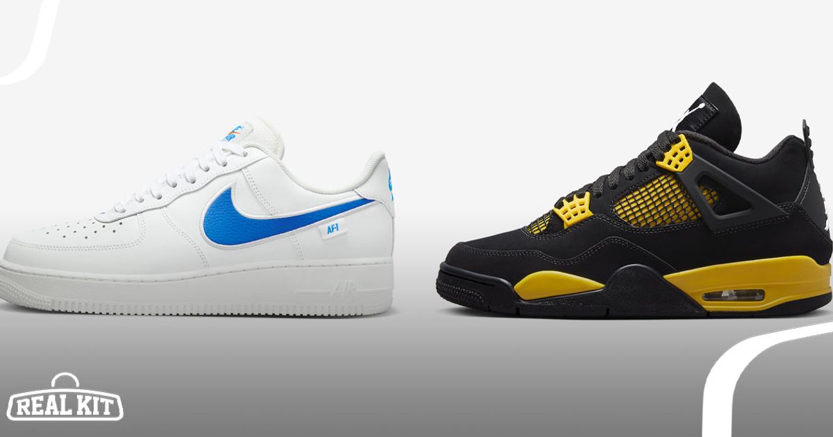Image of a white Nike Air Force 1 featuring a blue Swoosh next to a black and yellow Jordan 4.