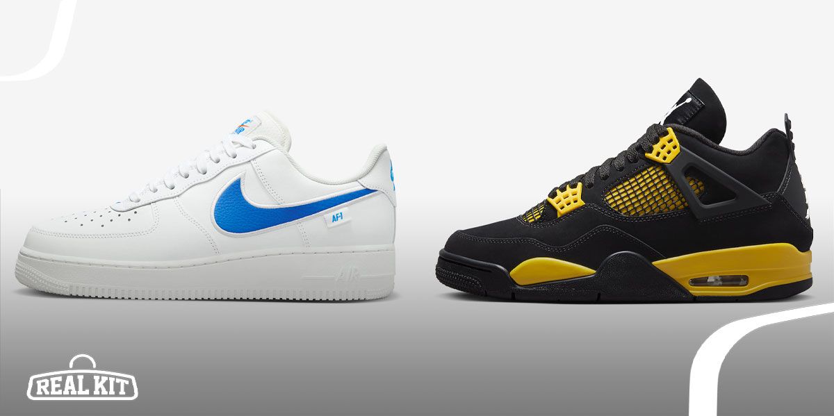 Image of a white Nike Air Force 1 featuring a blue Swoosh next to a black and yellow Jordan 4.