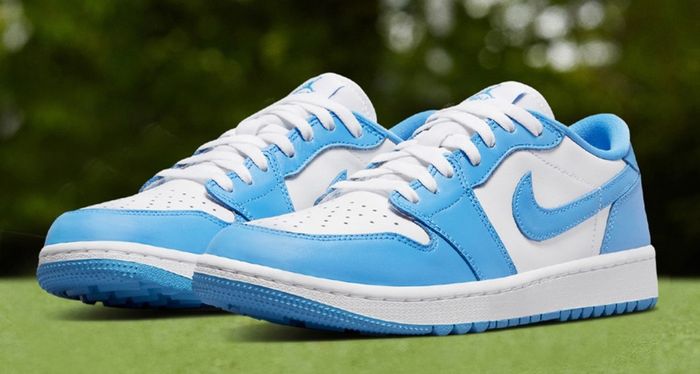 Best Jordan golf shoes Air Jordan 1 "UNC" product image of a pair of light blue and white sneakers.