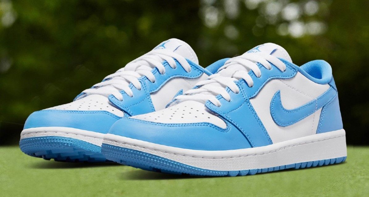 Air Jordan 1 Low Golf "UNC" product image of a pair of light blue and white sneakers.