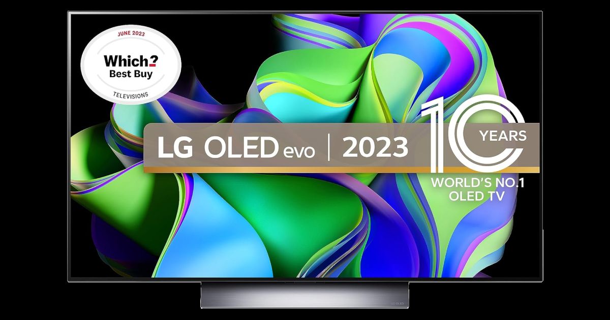 LG C3 product image of a dark grey near-frameless TV featuring a green, purple, and blue pattern on the display as well as LG OLED evo branding.