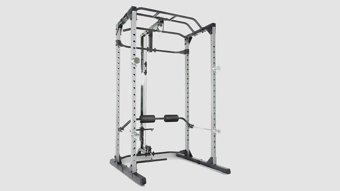 Best squat rack Fitness Reality product image of a silver power cage with pull-up bars and a lat pulldown attachment
