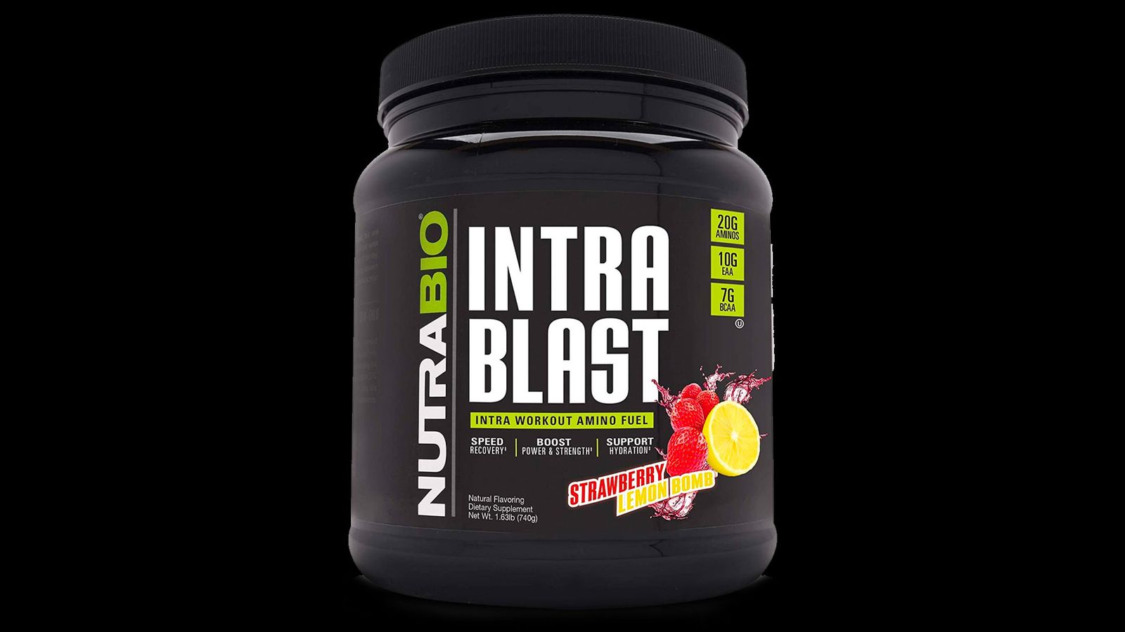 NutraBio Intra Blast product image of a black container with green and white branding.
