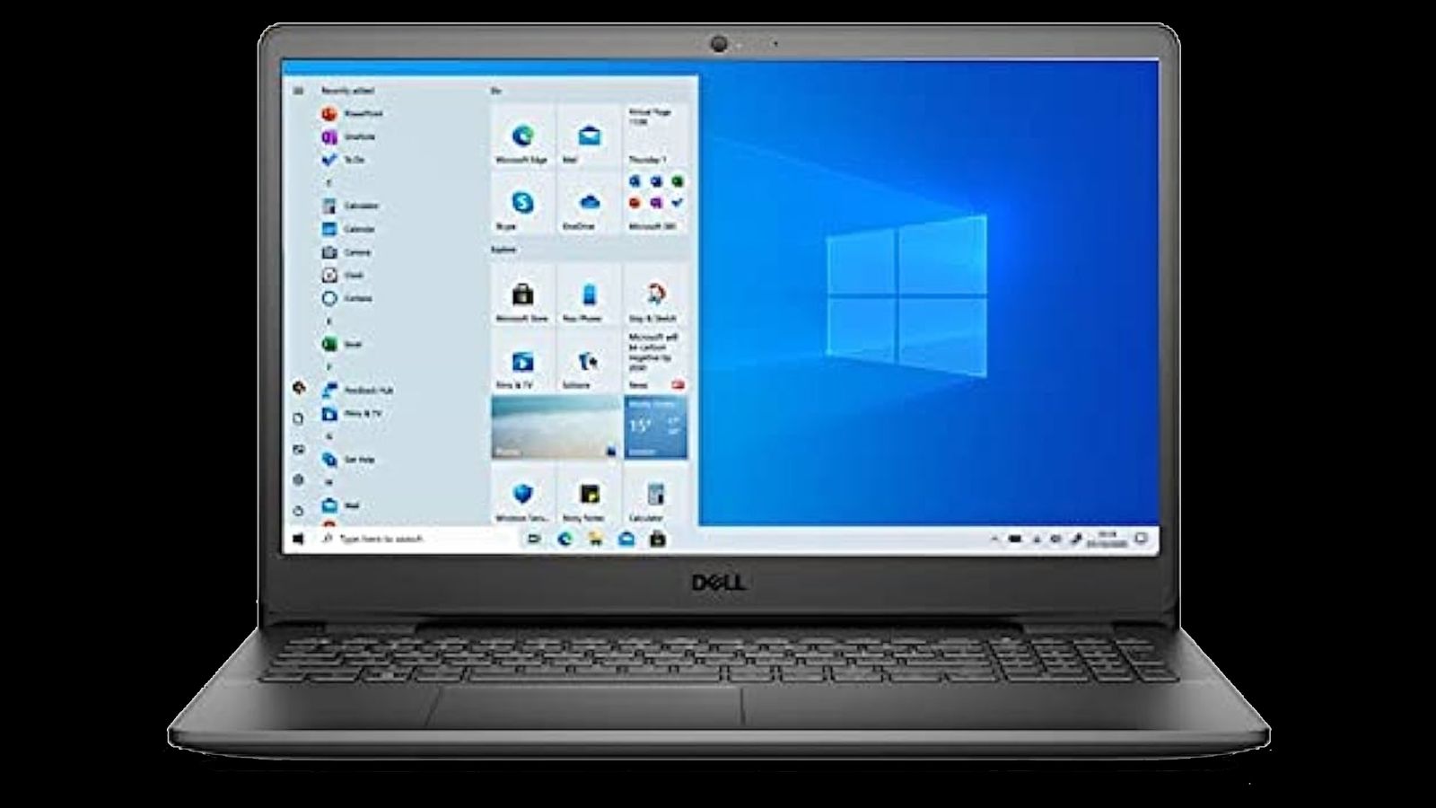 Dell Inspiron 15 3000 product image of a black laptop with Windows on the display.