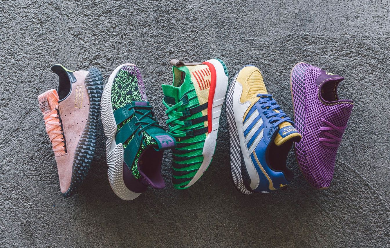 A selection of colourful Dragonball Z adidas trainers in colours such as green, purple, and more.