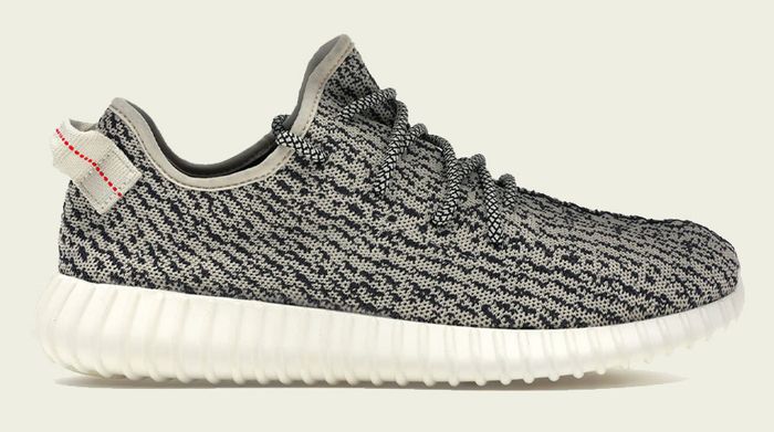 adidas Yeezy 350 "Turtle Dove" product image of a white and black Primeknit sneaker.