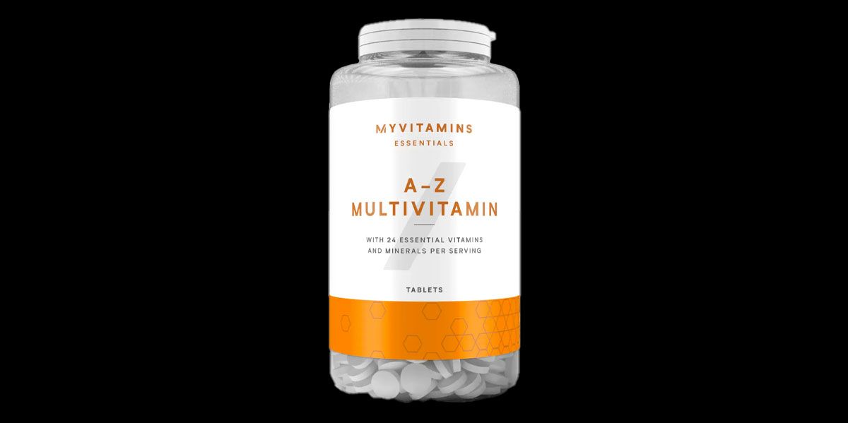 MyVitamins A-Z Multivitamin Tablets product image of a clear container featuring a white lid and white and orange branding.