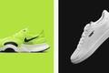 A lime green Nike shoe with a white midsole and black branding on the left. On the right, an all white PUMA low-top shoe.