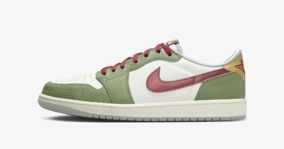 Air Jordan 1 Low "Chinese New Year" product image of a scaly green and off-white low-top featuring burgundy Swooshes and laces.