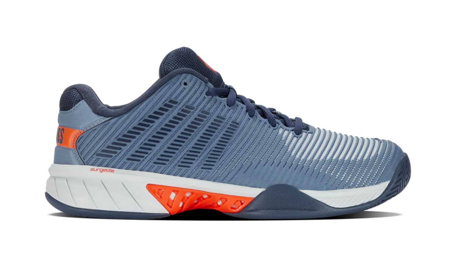 K-Swiss Hypercourt Express 2 product image of a blue mesh trainer with a white midsole and underlayer and orange trim.