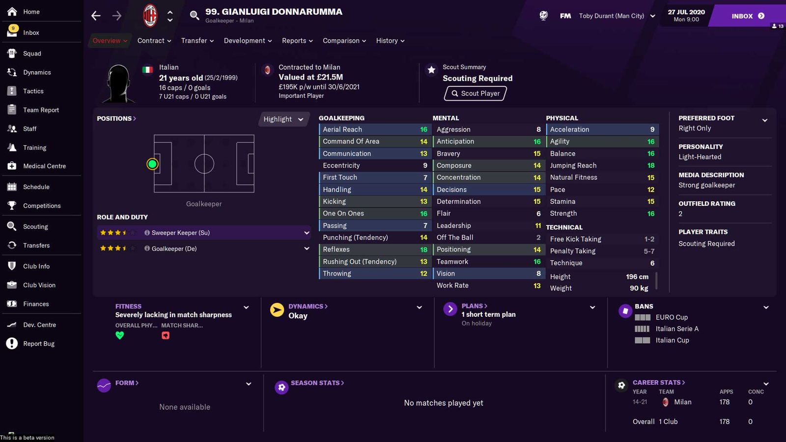Gianluigi Donnarumma's stats in Football Manager 2021