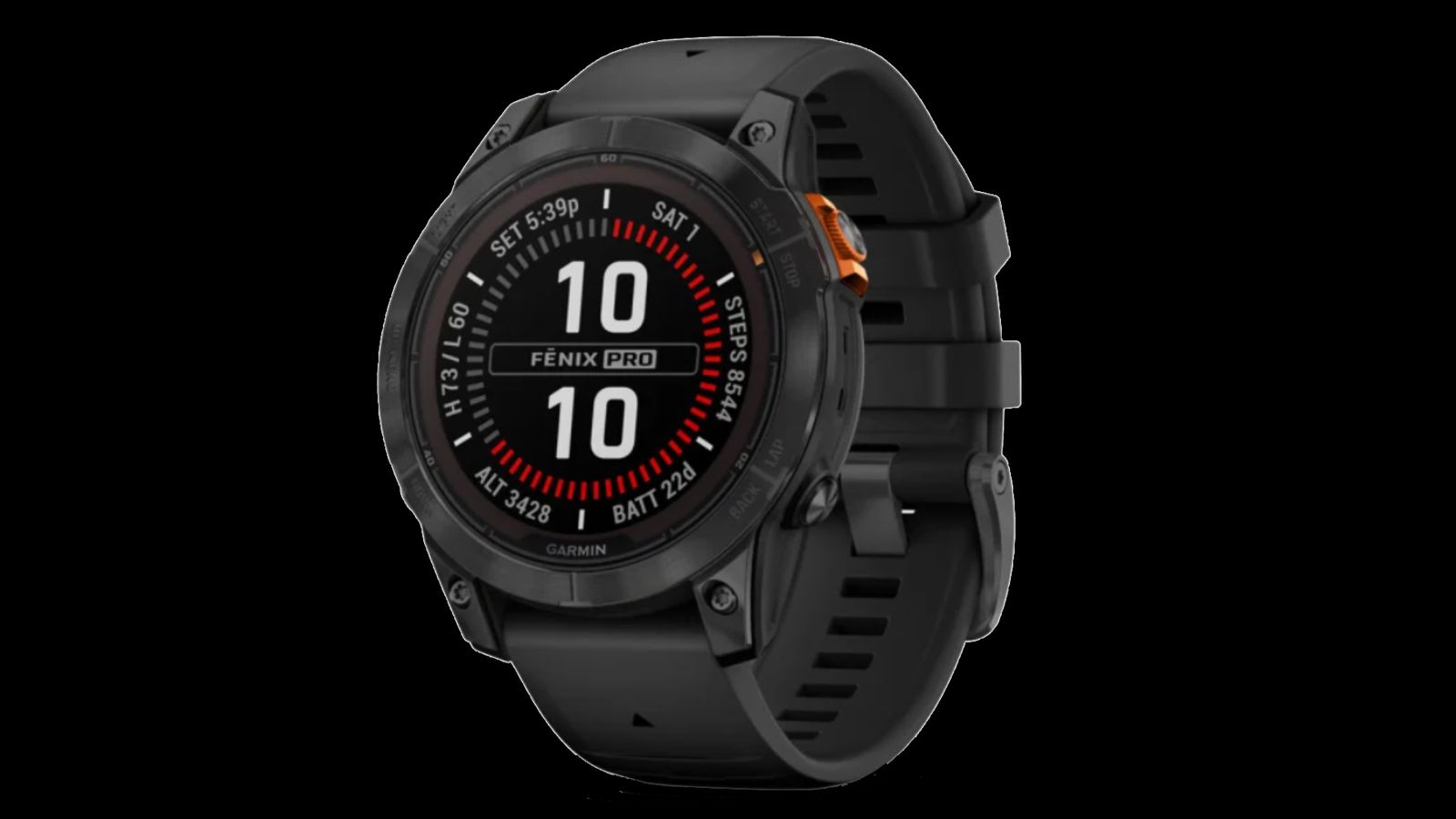 Garmin fēnix 7 Pro Solar product image of a black-band smartwatch featuring an orange button on the side and the time 10:10 on the display in white.