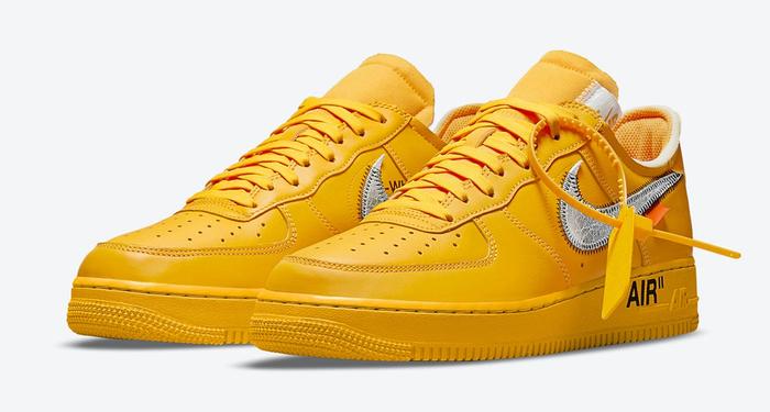 Best Air Force 1 Off-White "University Gold" product image of a pair of bright yellow sneakers with a lace tag.