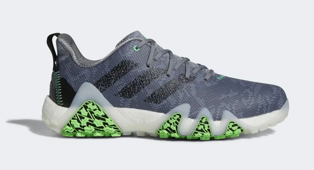adidas Codechaos 22 "Grey Beam Green" product image of a grey and black golf shoe with white midsoles and green accents.