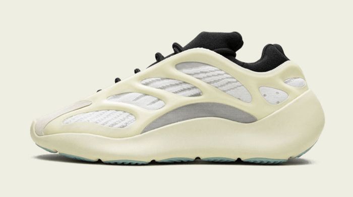 adidas Yeezy 700 V3 "Azael" product image of a light yellow, white, and black sneaker.