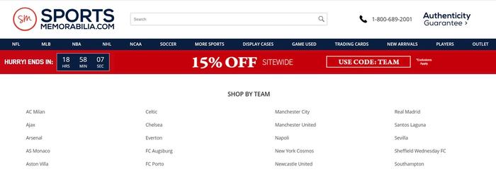 Sports Memorabilia website image of the football subsection where you can buy by team.