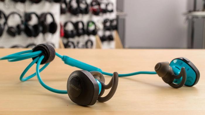 Best running headphones Bose product image of a pair of black headphones with a cable to wrap around your neck