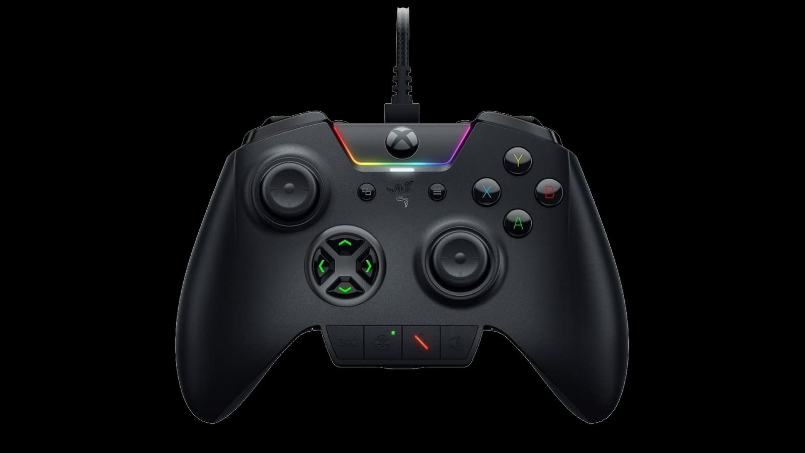 Razer Wolverine Ultimate product image of a black, Xbox-style, wired gamepad featuring RGB lighting.