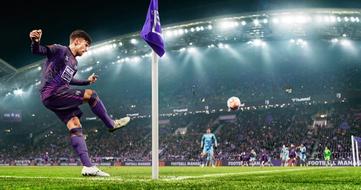 A football player in a full purple kit whipping in a corner against a team in blue.